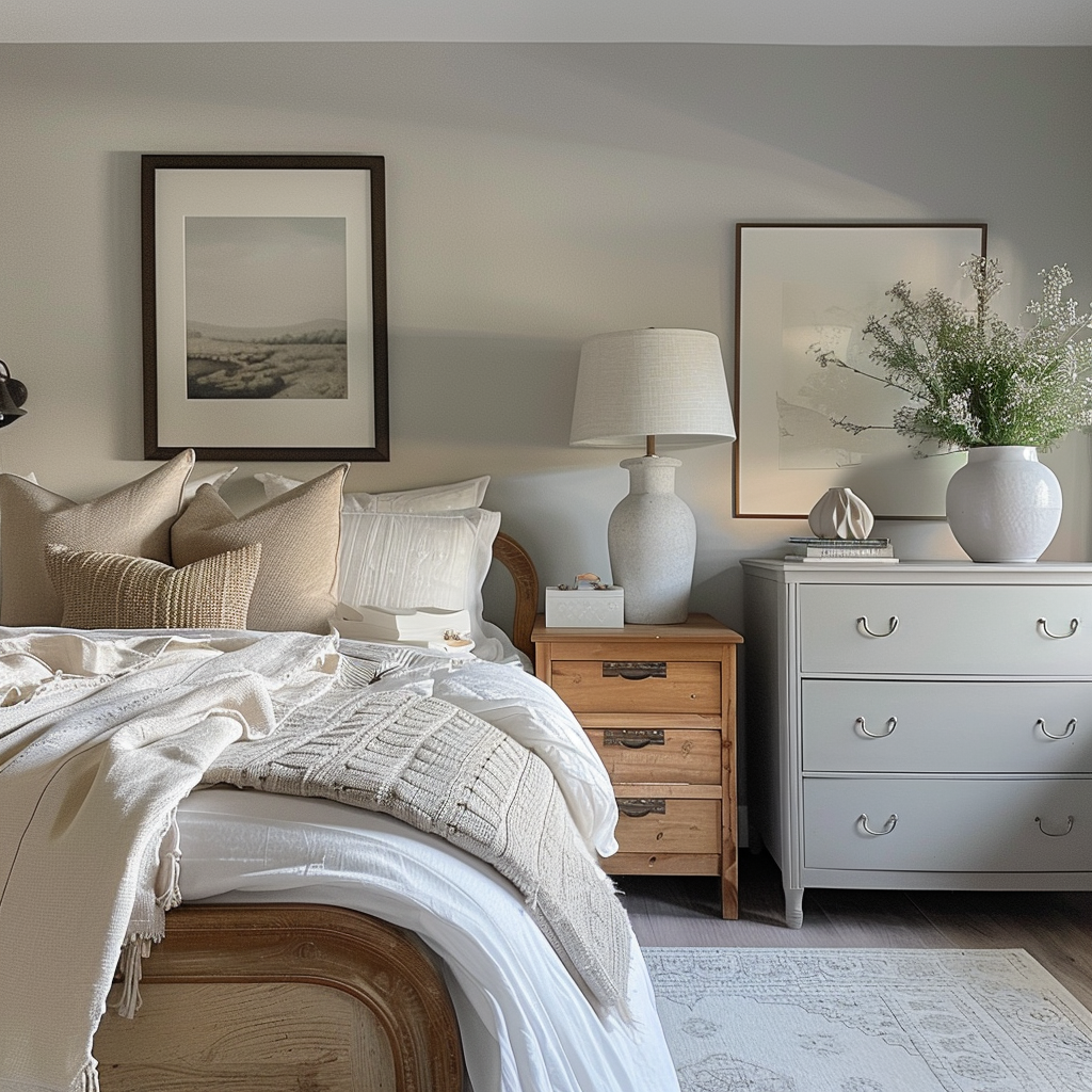 Cozy modern farmhouse bedroom in soft gray and white tones with natural wood accents