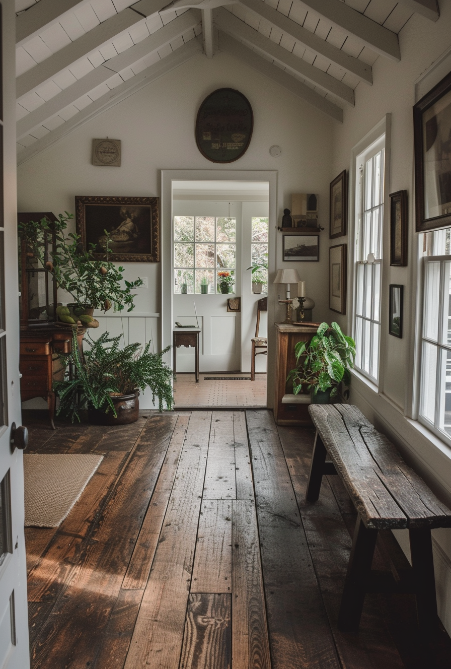 Cozy modern farmhouse hallway with hooked wool rugs and a milk can umbrella stand