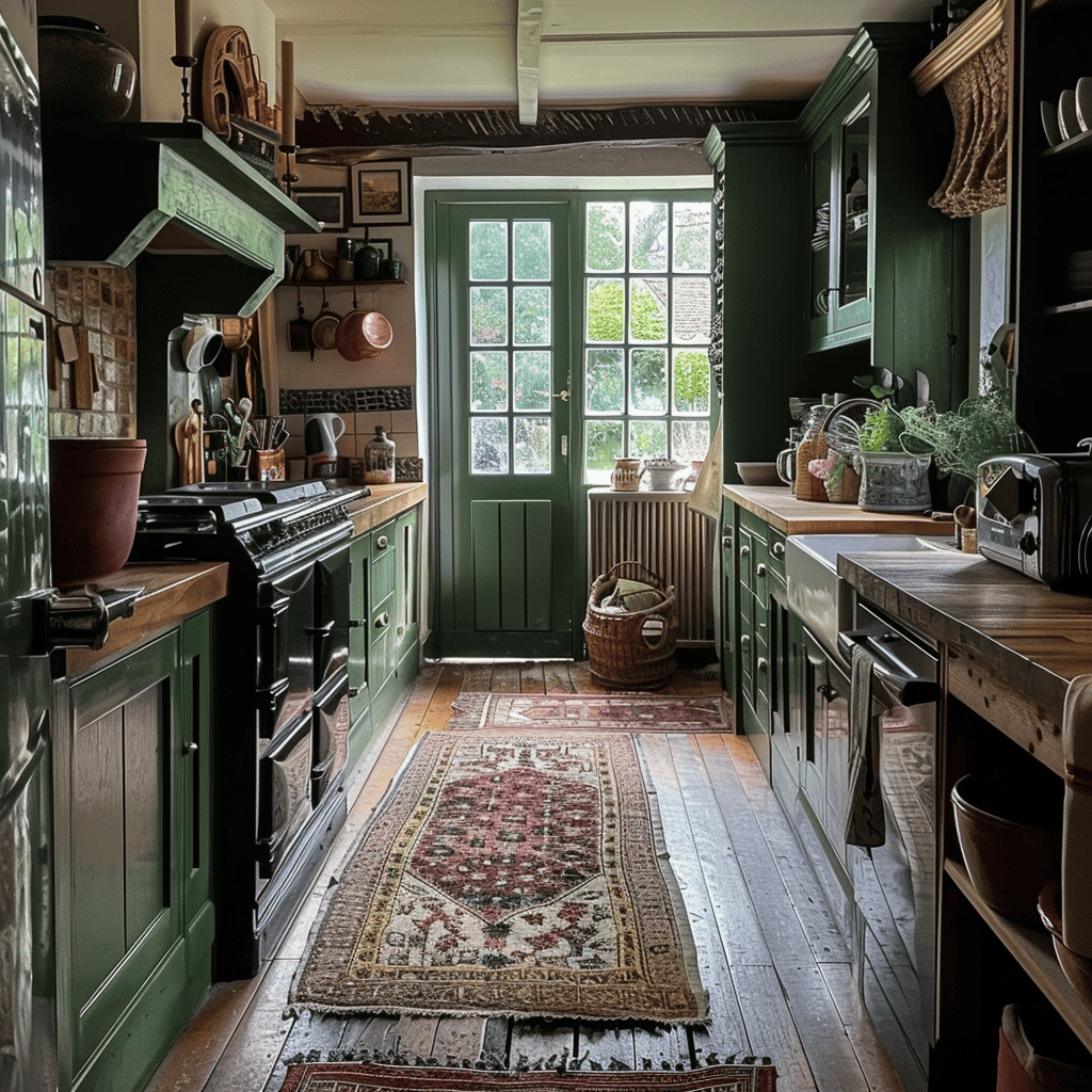 Cozy rugs and runners in this English countryside kitchen add warmth and comfort underfoot