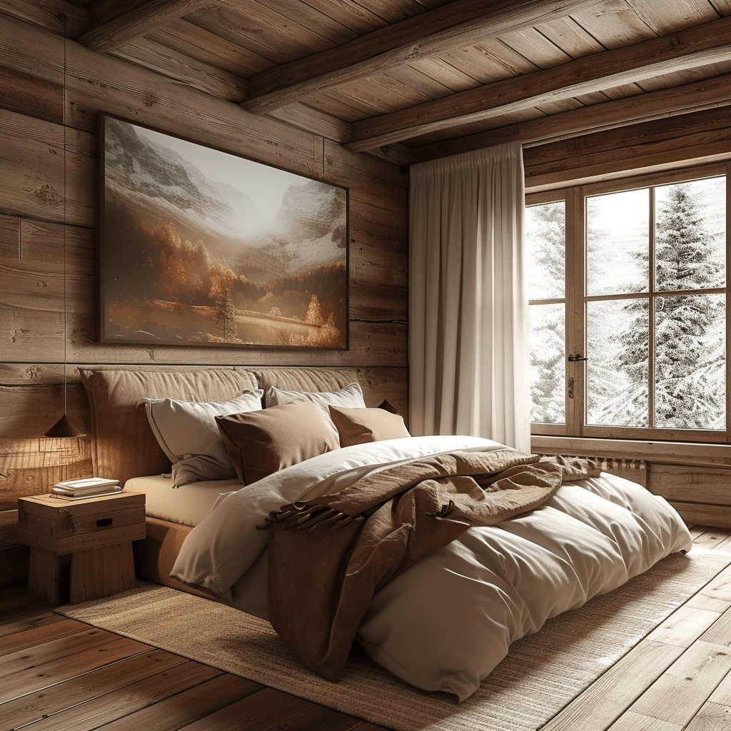 Cozy rustic bedroom with rawhide or sheepskin throws for extra comfort