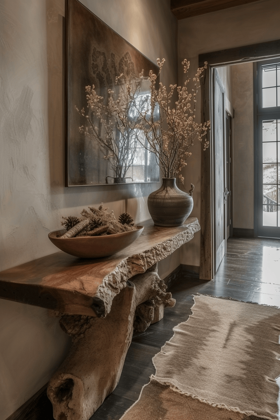 Cozy rustic hallway featuring warm lighting and vintage furniture, creating an inviting atmosphere