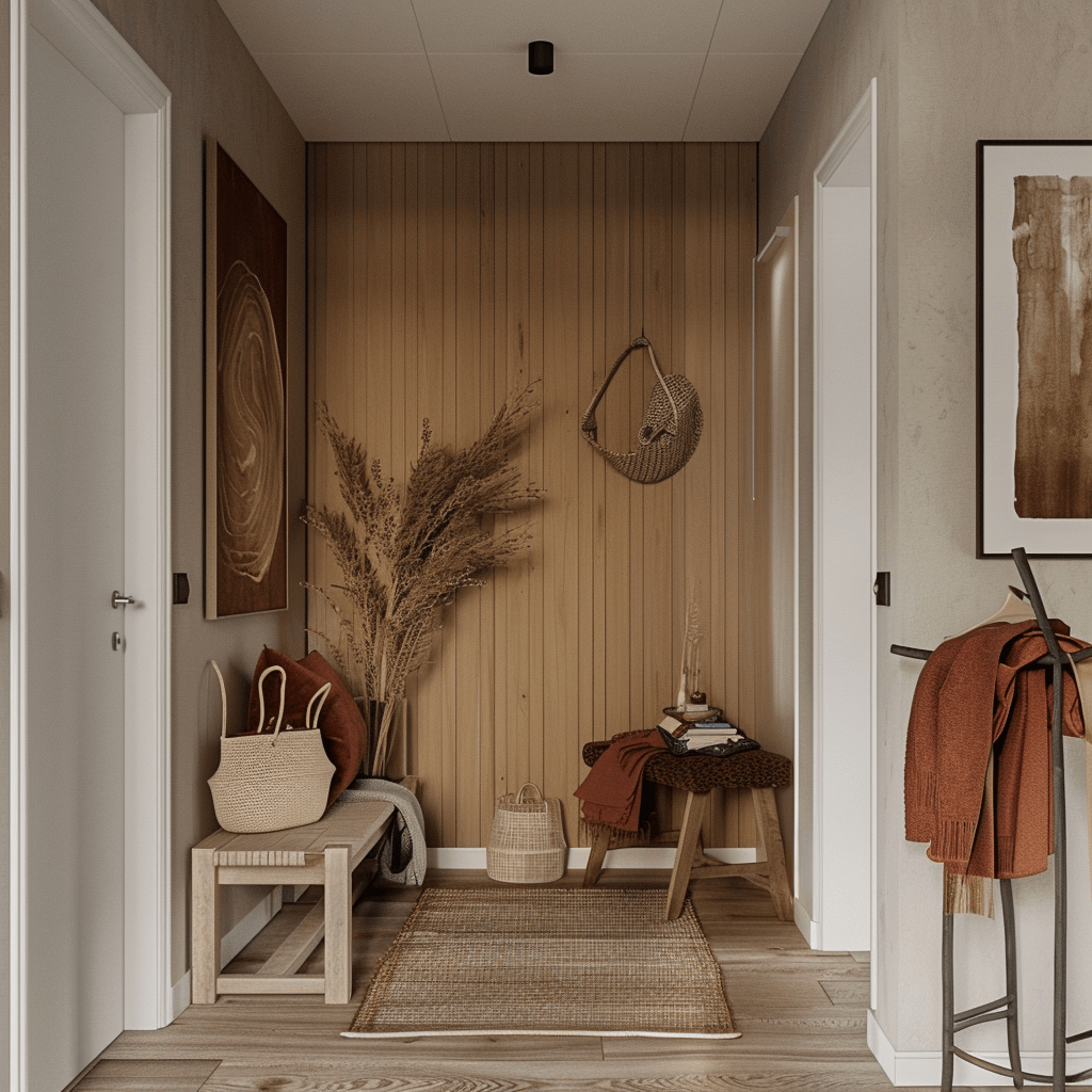 Cozy textures and warm, earthy colors create an inviting autumn and winter atmosphere in this Scandinavian hallway