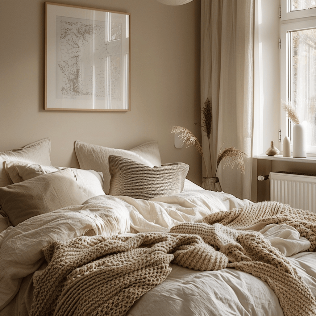 Cream and beige palette, along with cozy textures, make this Scandinavian bedroom warm and inviting