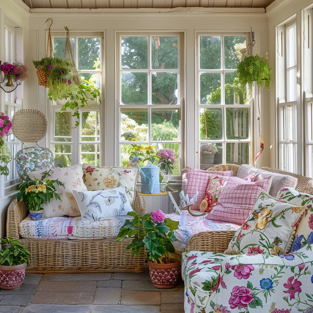 Creamy white walls, wicker furniture, and garden-inspired accents like potted plants, a vintage watering can, and floral-patterned throw pillows in vibrant colors come together to create a charming ambiance in this English countryside sunroom