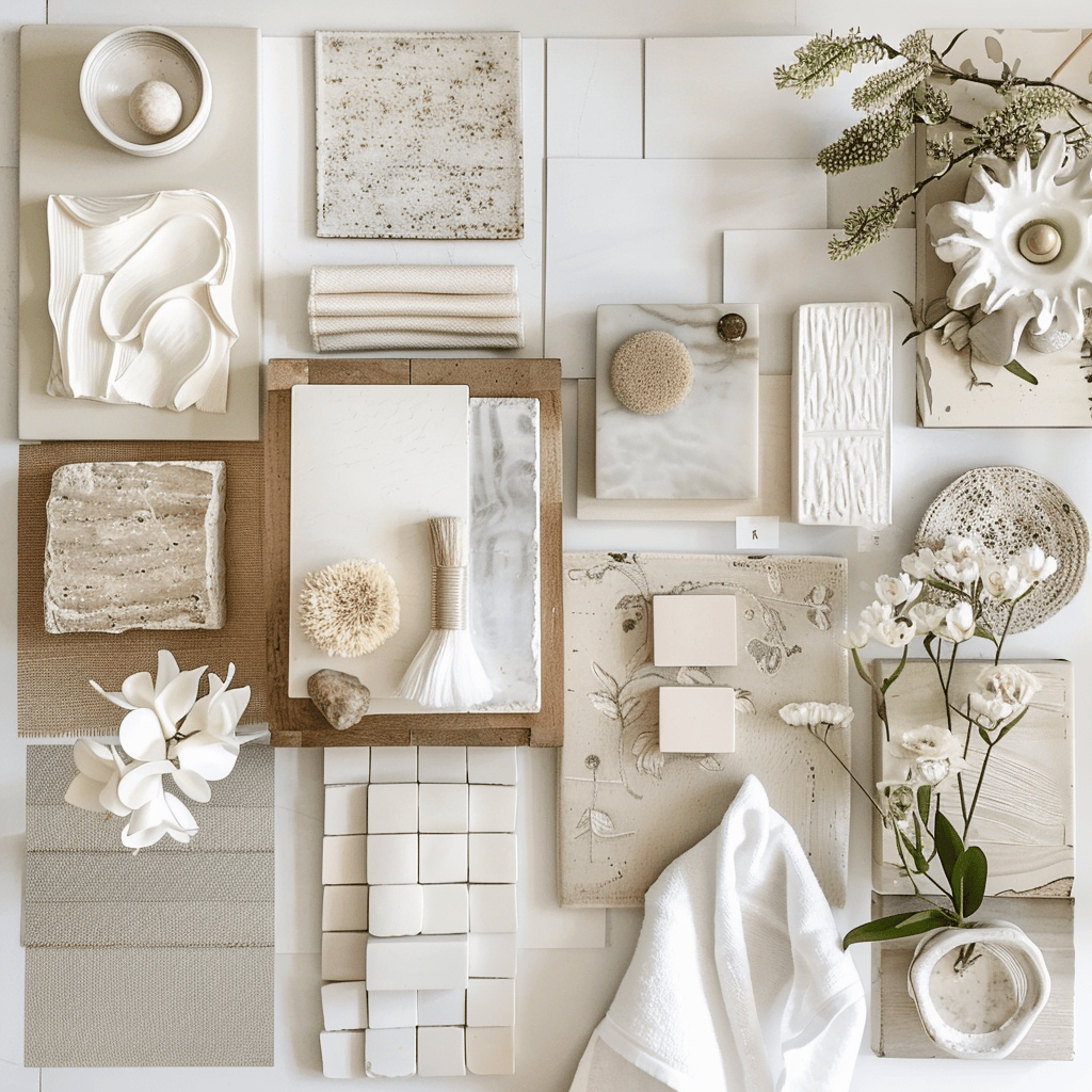 Creamy whites featured on an interior design moodboard, highlighting their ability to add depth and warmth to minimalistic and modern decors