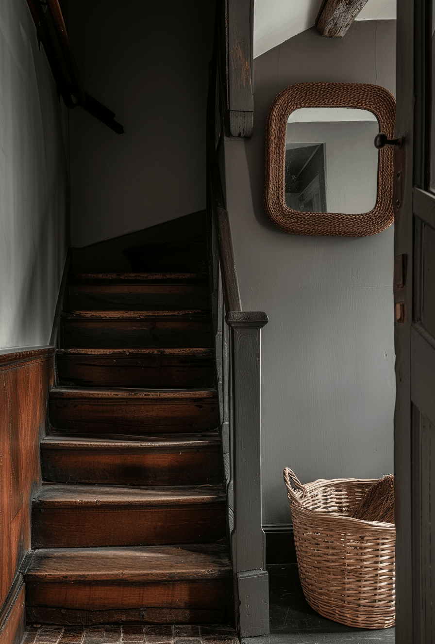Creating a cozy rustic hallway with soft lighting, textured throws, and natural wood accents for a snug ambiance