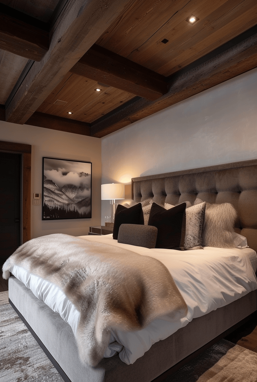 Creative rustic bedroom with rough-hewn wood shelving for a handcrafted look