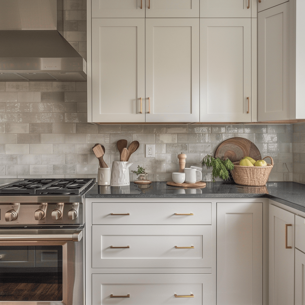 Crisp and clean 1970s kitchen with white cabinets and gray backsplash