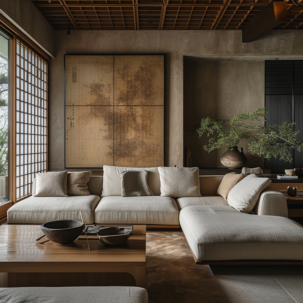 Cultural Japanese style elements in a spacious living room with calligraphy art.