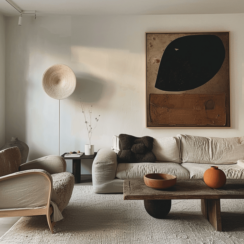 Curated decor, meaningful artwork, and a restrained approach to accessorizing result in a minimalist living room that feels authentic and purposeful