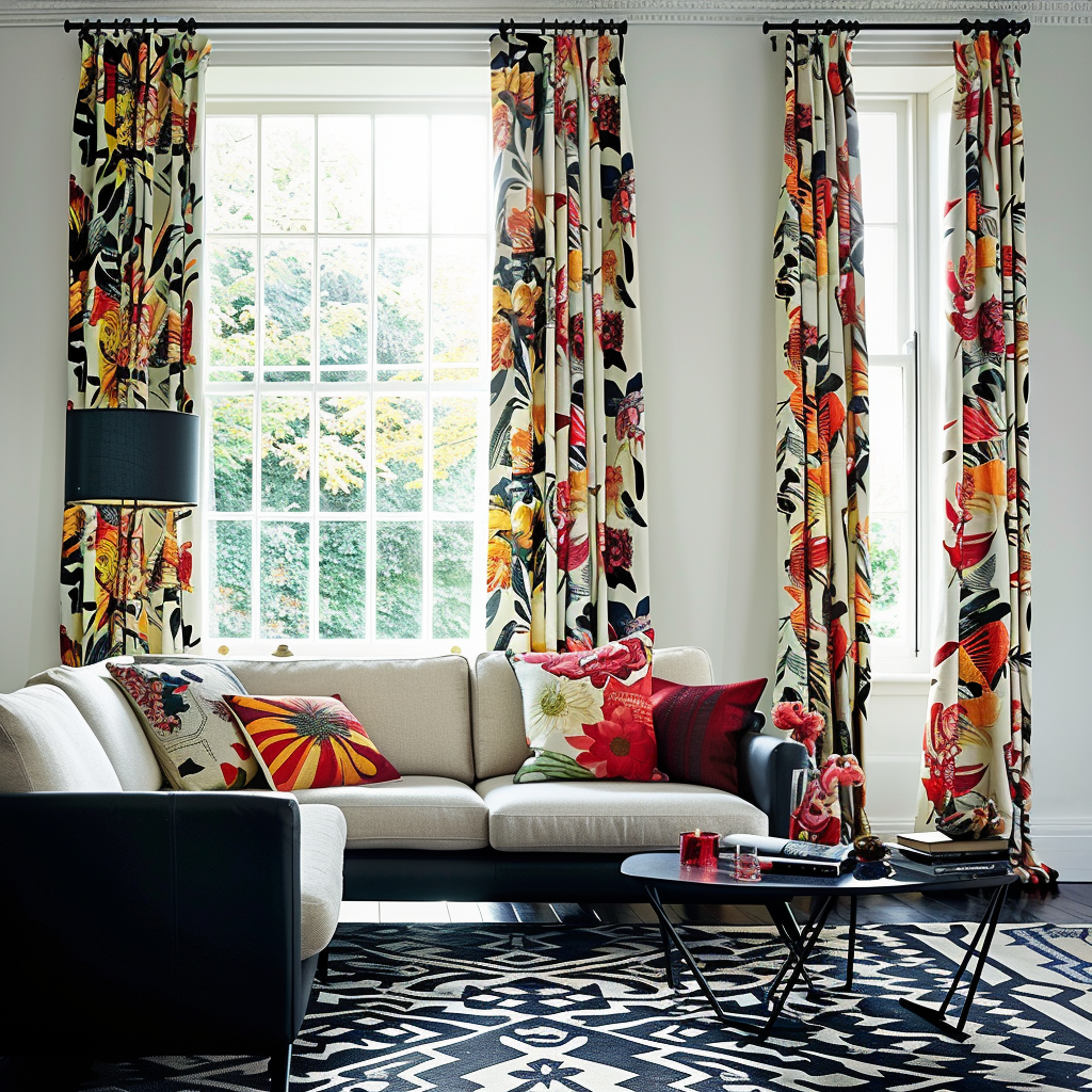 Curtains combining bold floral prints and sleek geometric patterns create a unique, personalized look in a stylish living room4