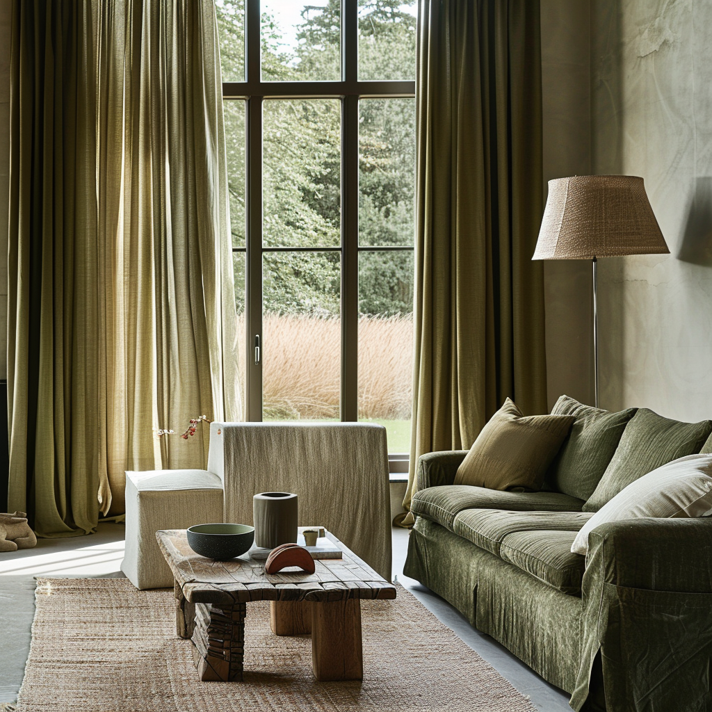 Curtains made from recycled polyester in a rich, earthy green shade promote sustainability in an eco-conscious living room3