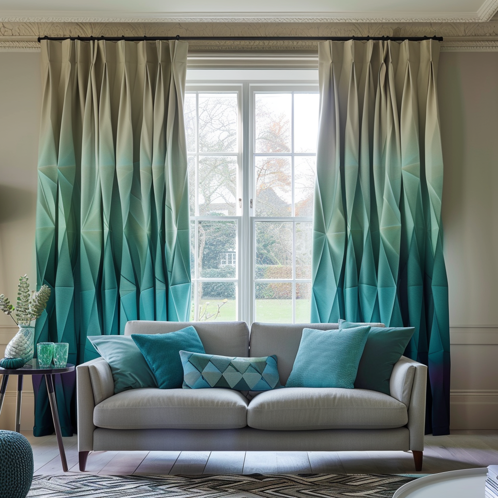 Curtains with a geometric ombre pattern, transitioning from deep teal to light turquoise, create a trendy look in a stylish living room2