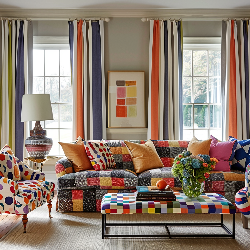 Curtains with a mix of colorful patterns, like stripes and polka dots, create an eclectic and vibrant look in a living room2