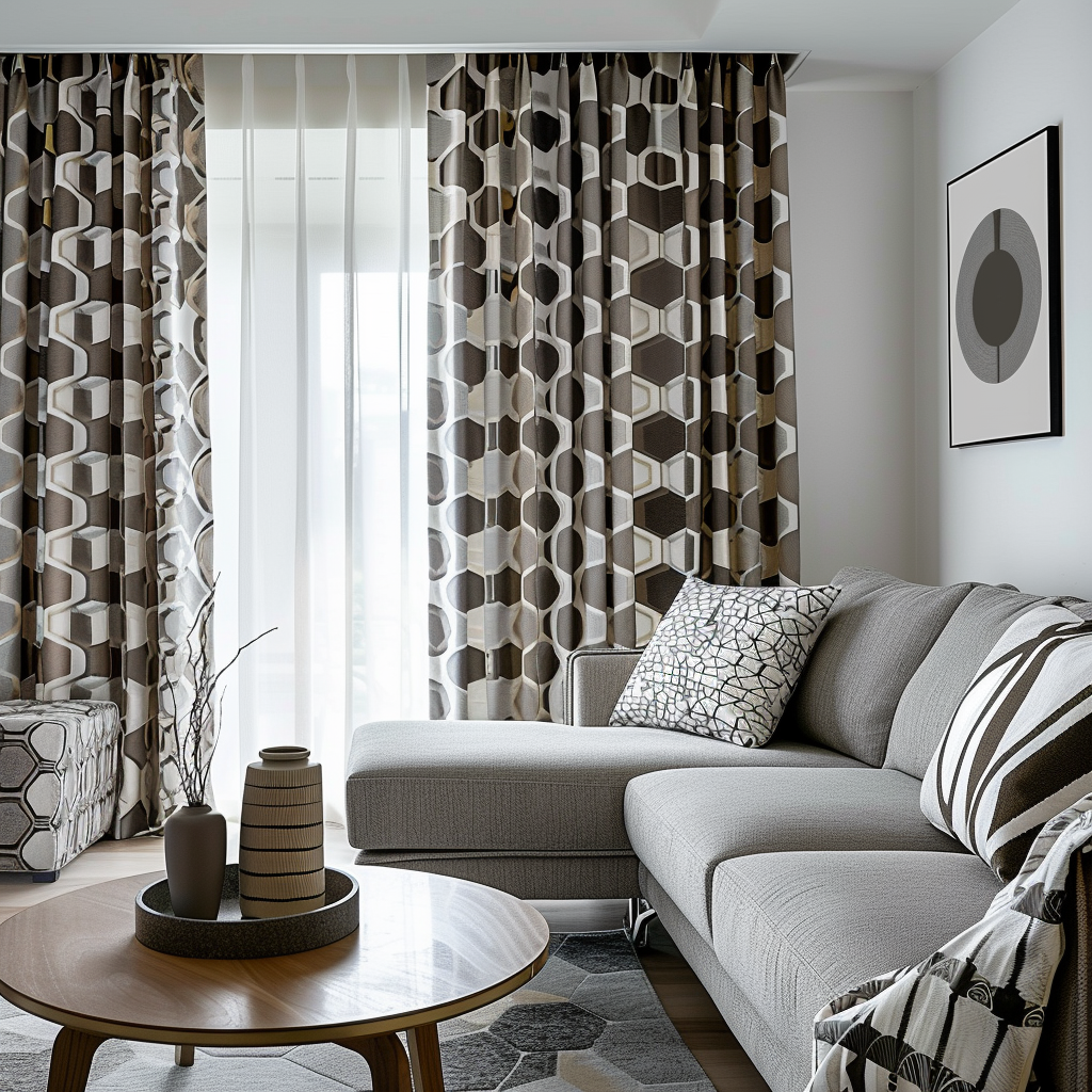 Curtains with a repeating hexagonal pattern in a monochromatic gray color scheme add a contemporary touch to a modern living room4