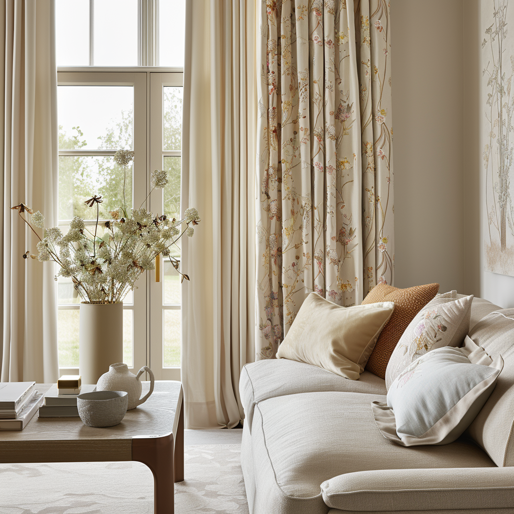 Curtains with delicate floral embroidery in a soft, muted color palette contribute to the serene atmosphere of a tranquil living room1