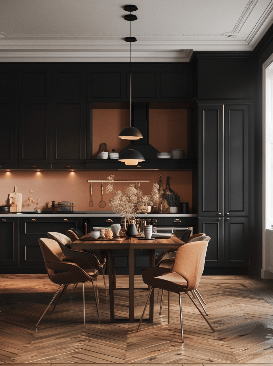 Dark Kitchen Backsplashes/ Statement backsplash tiles adding depth to a dark kitchen