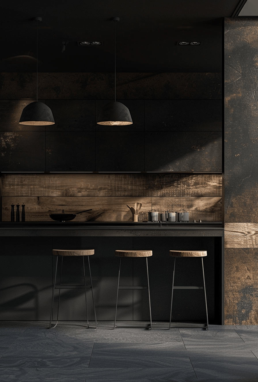 Dark Kitchen Design Secrets Unveiled/ A sophisticated dark kitchen showcasing hidden design elements