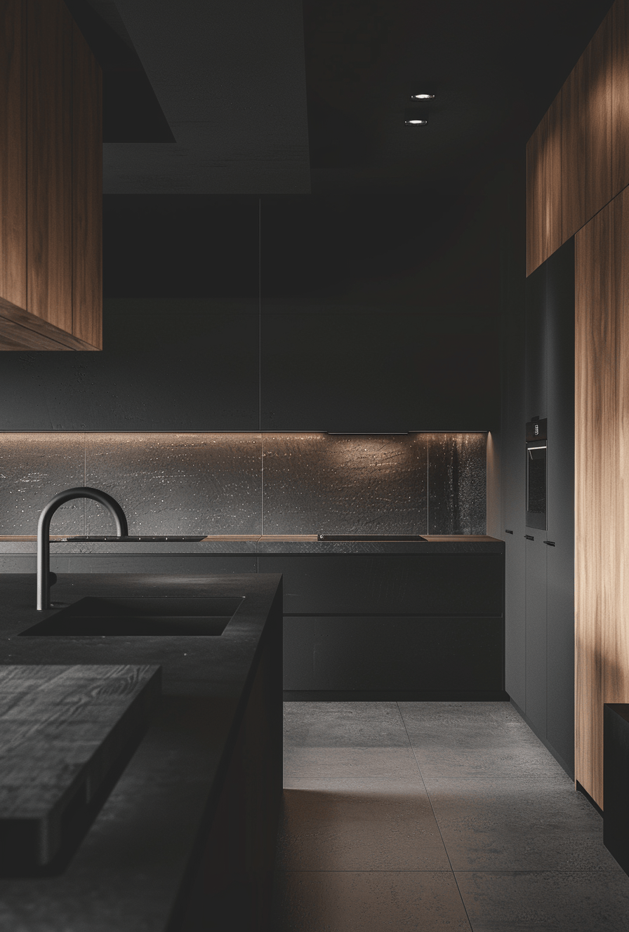Dark Kitchen Elegance/ A modern kitchen with dark cabinets and timeless elegance