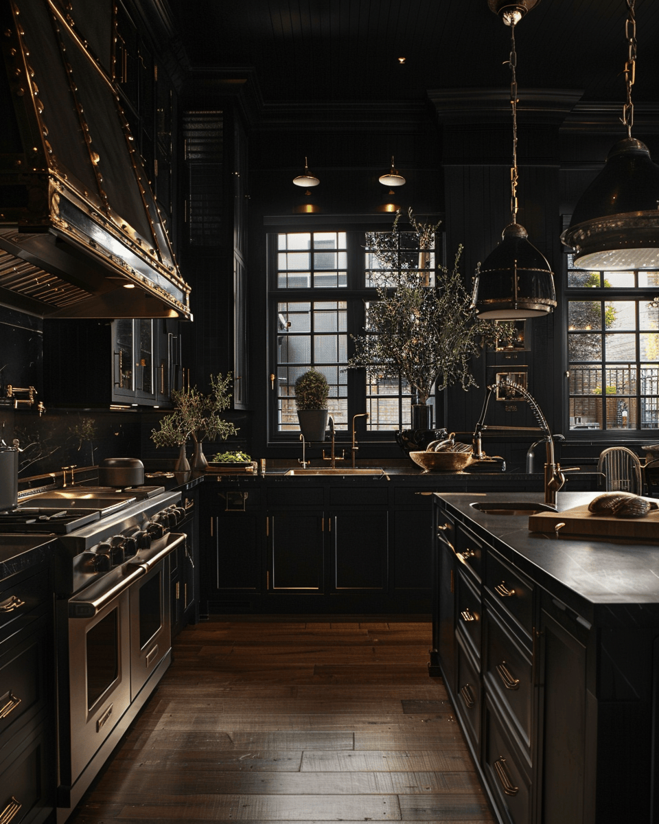 Dark Kitchen Flooring Choices/ Luxurious wood or tile flooring in a striking dark kitchen