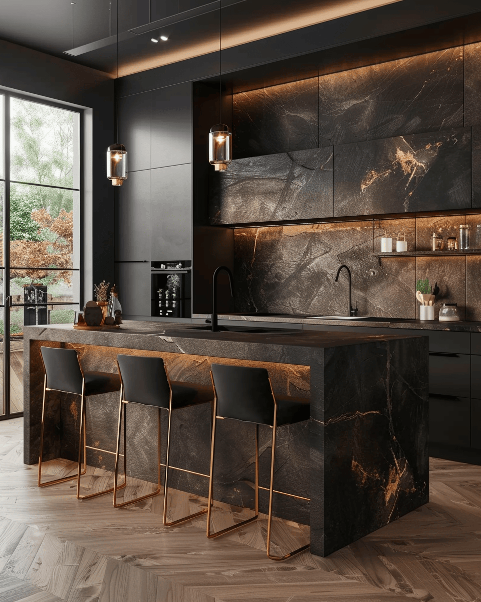 Dark Kitchen Flooring/ Dark wood or engineered floors adding drama to a kitchen