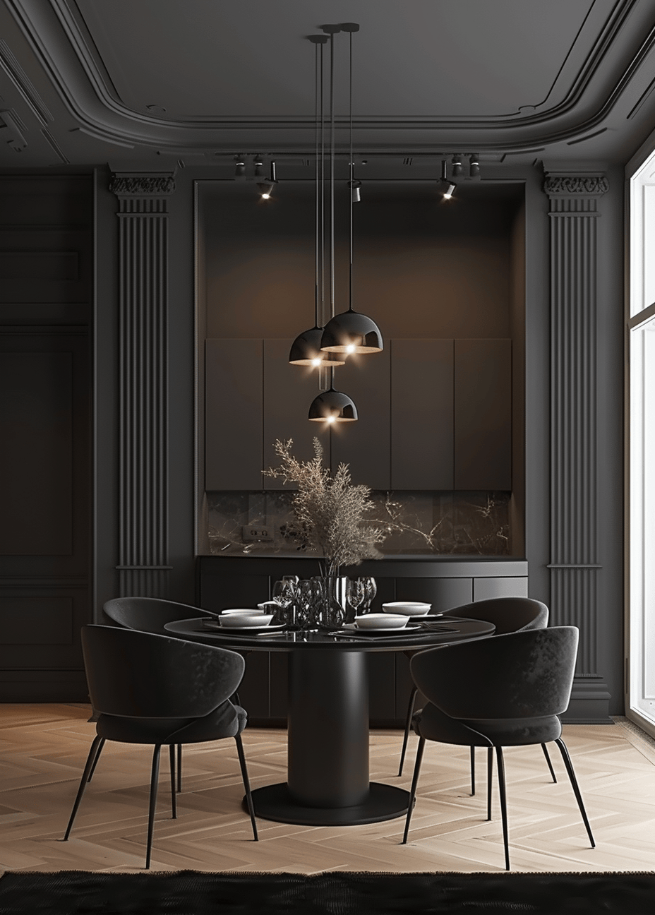 Dark dining room aesthetic decor with decorative trays and layered lighting scheme
