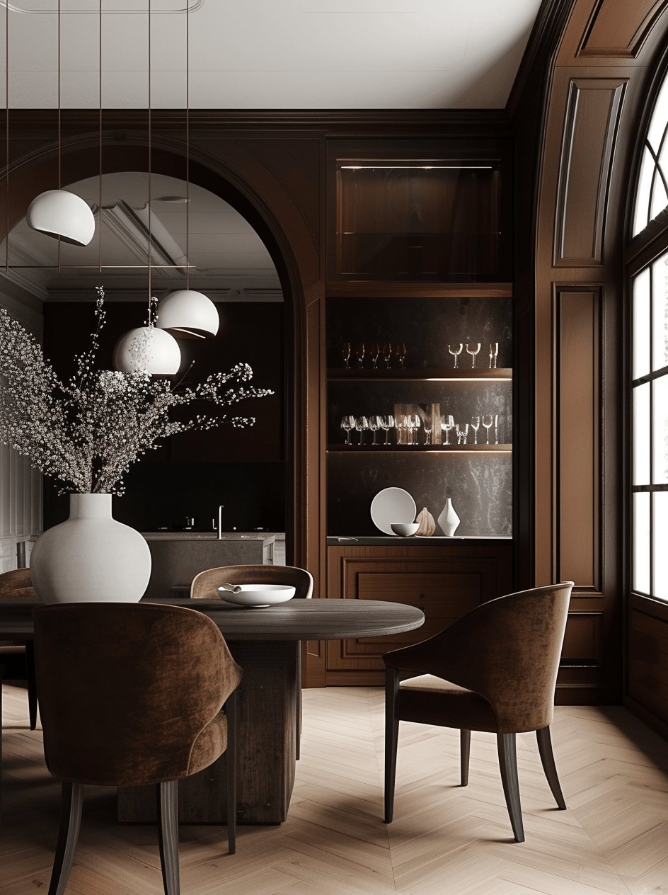 Dark dining room aesthetic with deep-toned wood flooring and sculptural pieces