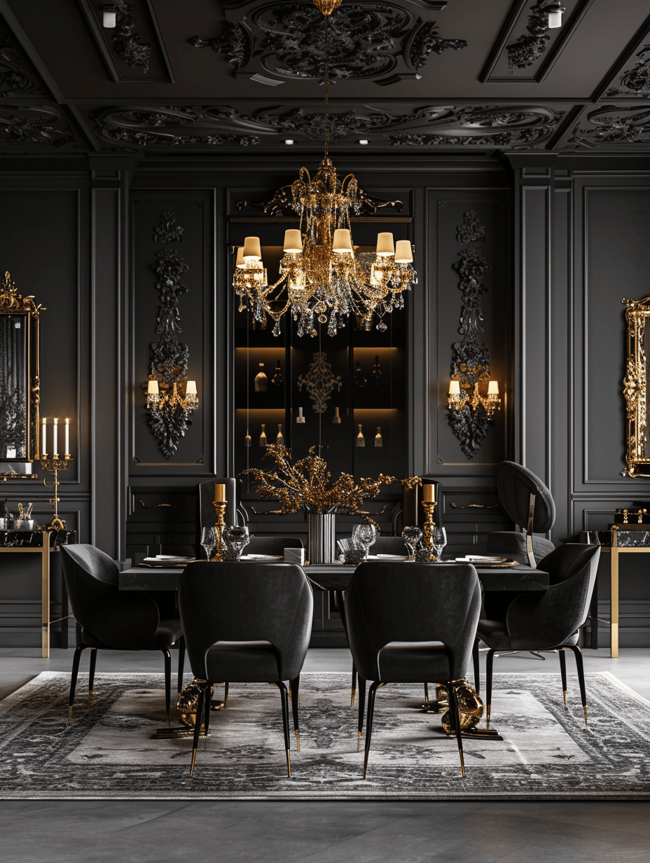 Dark dining room design blending luxury with dark wall paint and statement lighting