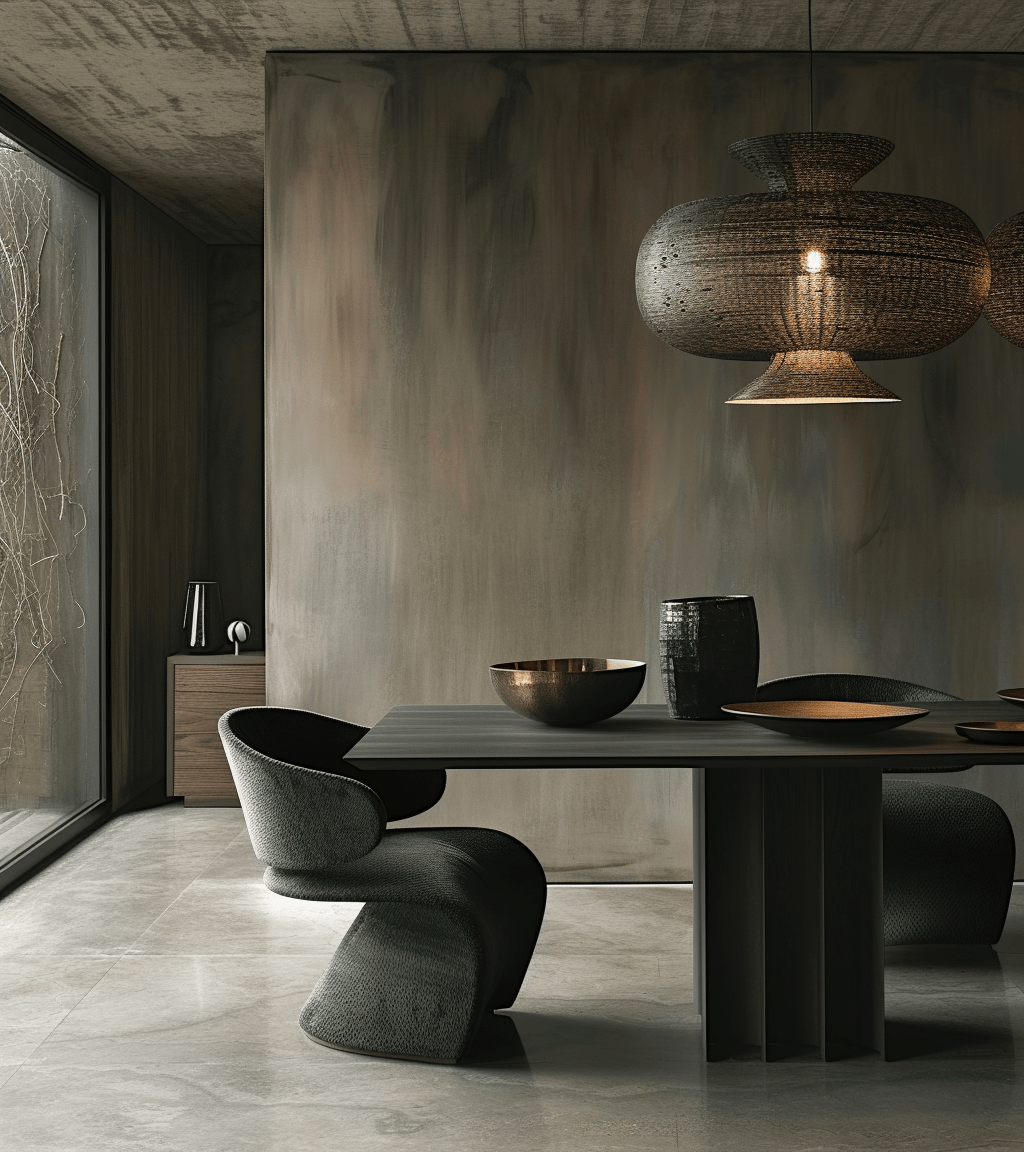 Dark dining room design ideas featuring herringbone floor patterns and sophisticated wine rack