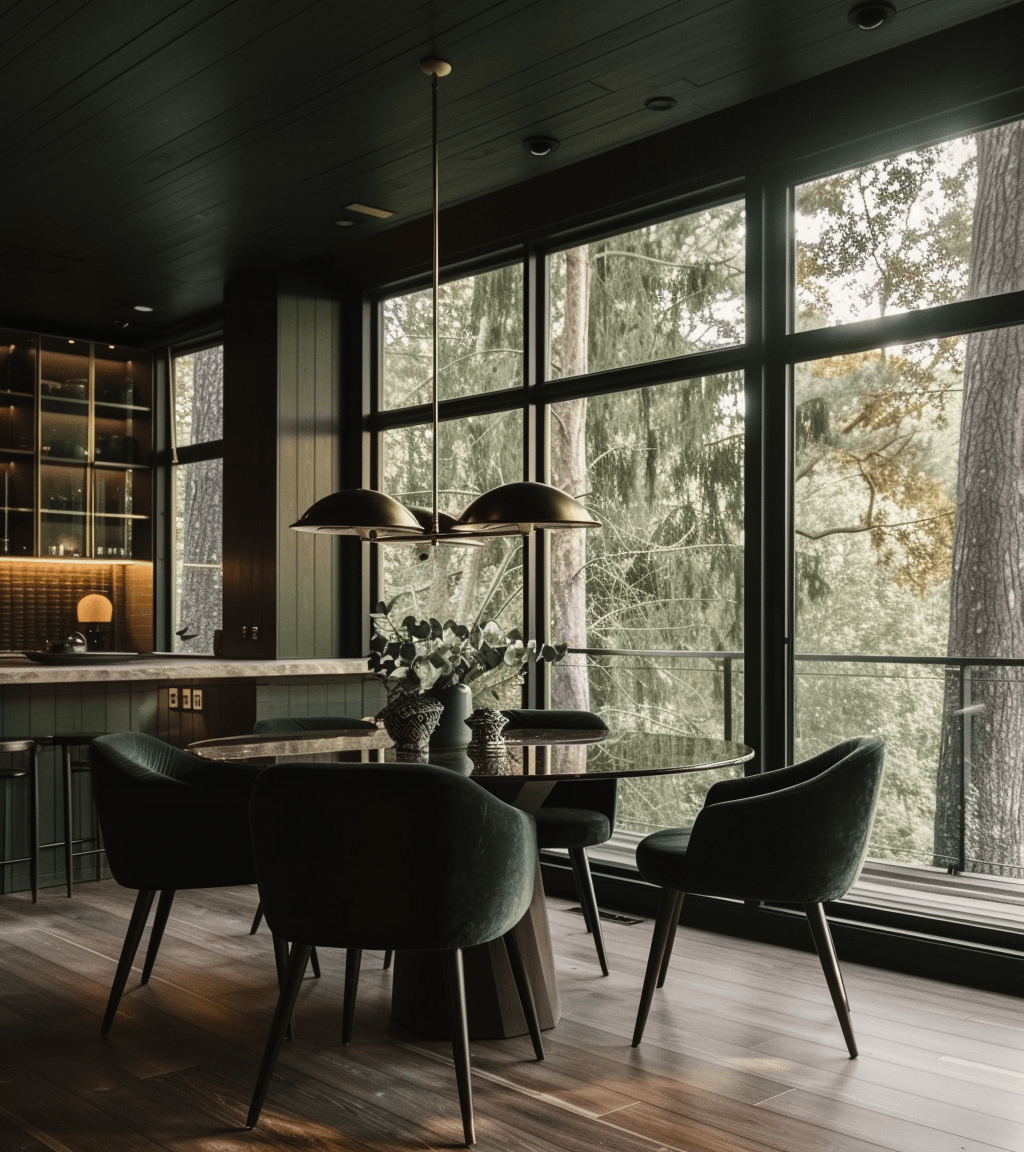 Dark dining room ideas featuring dramatic artwork and oversized mirrors