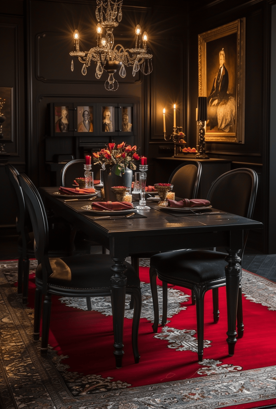Dark dining room ideas for luxury with velvet dining chairs and brass or gold accents