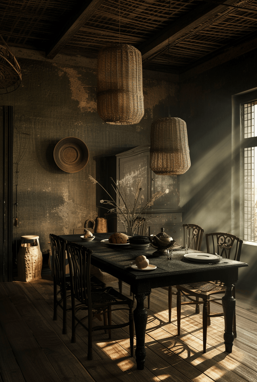 Dark dining room with a statement chandelier and dark themed art books