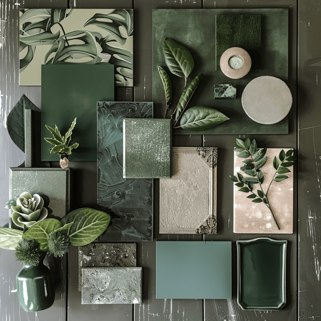 Dark green shades take center stage on this Victorian color palette moodboard, illustrating their calming and luxurious appeal