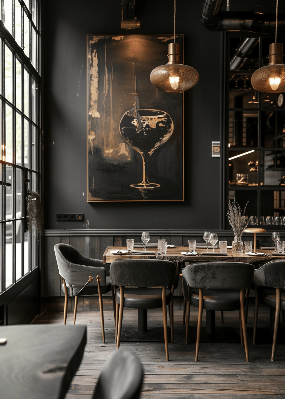 Dark interior design dining room with chic metal accents and ambient lighting