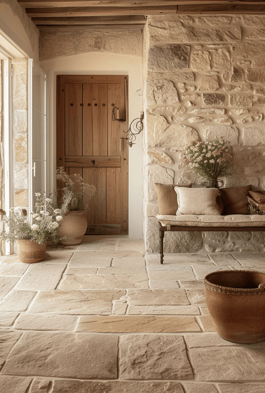 Decorating ideas for a rustic hallway that create a homely and welcoming environment with vintage pieces and natural materials