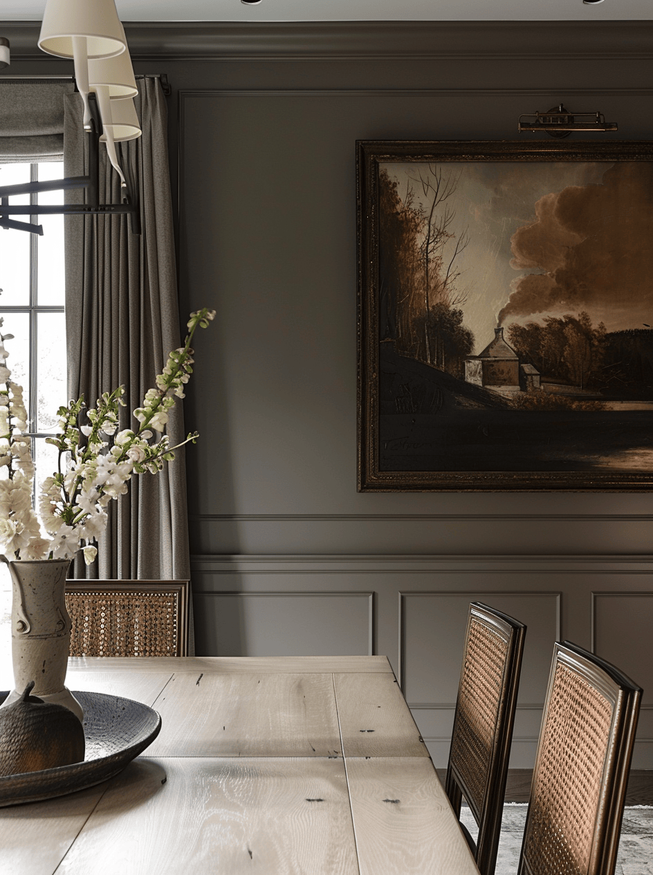 Decorative brackets supporting shelves in a Victorian dining room, adding to the decor