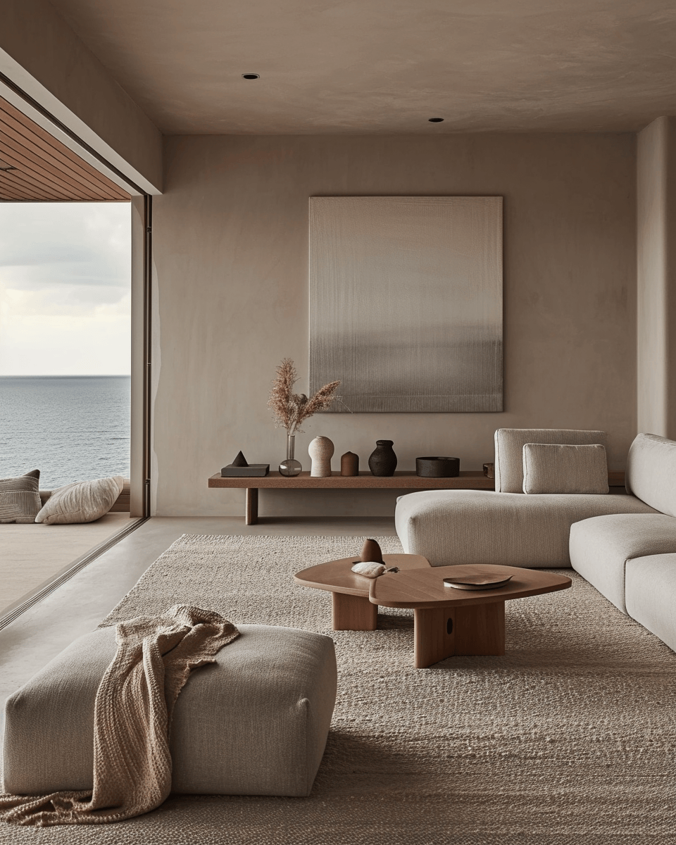 Decorative coral and shell accents on a coastal living room shelf