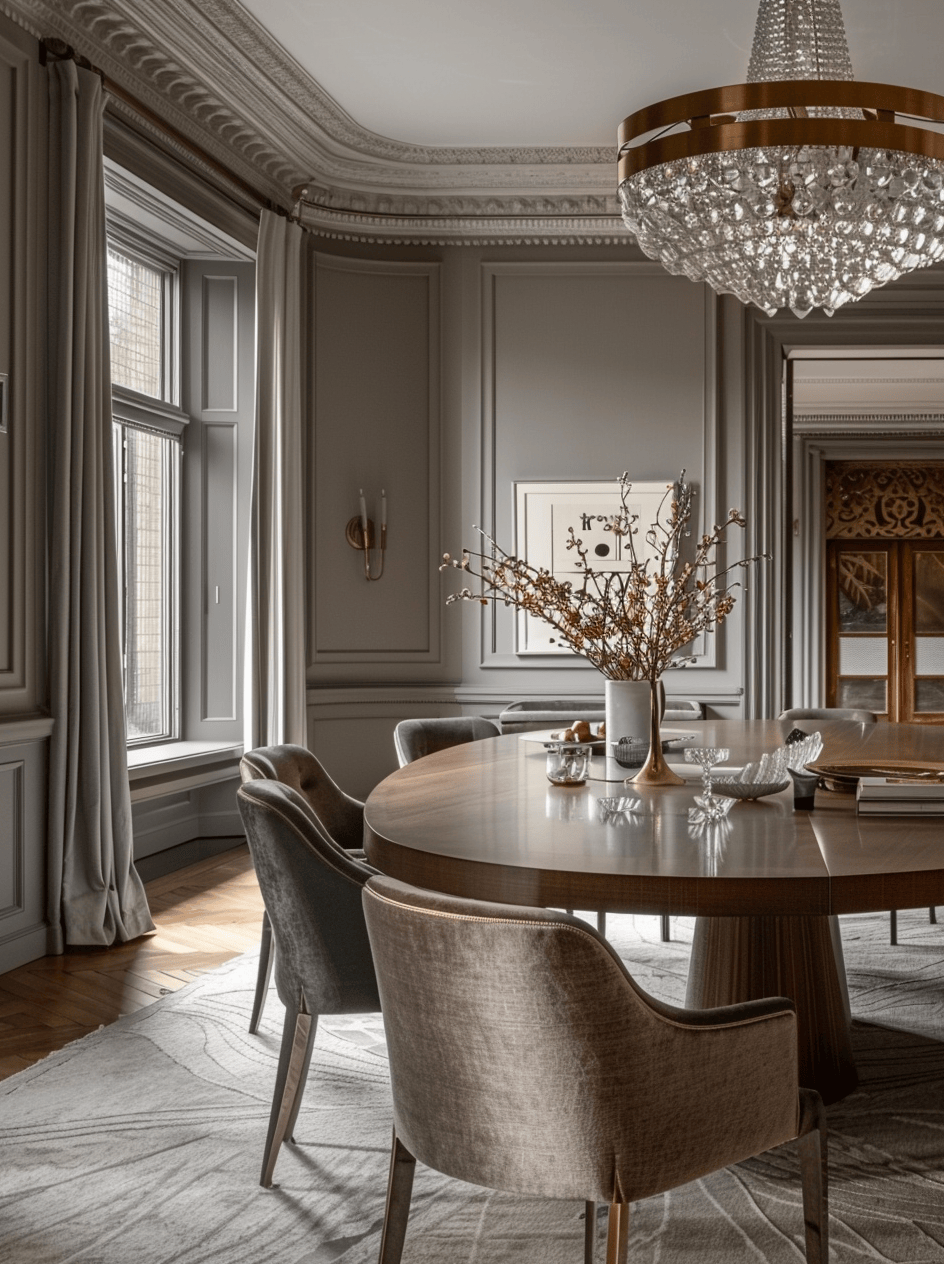 Decorative overmantel with a mirror above the fireplace in a Victorian dining room, adding depth