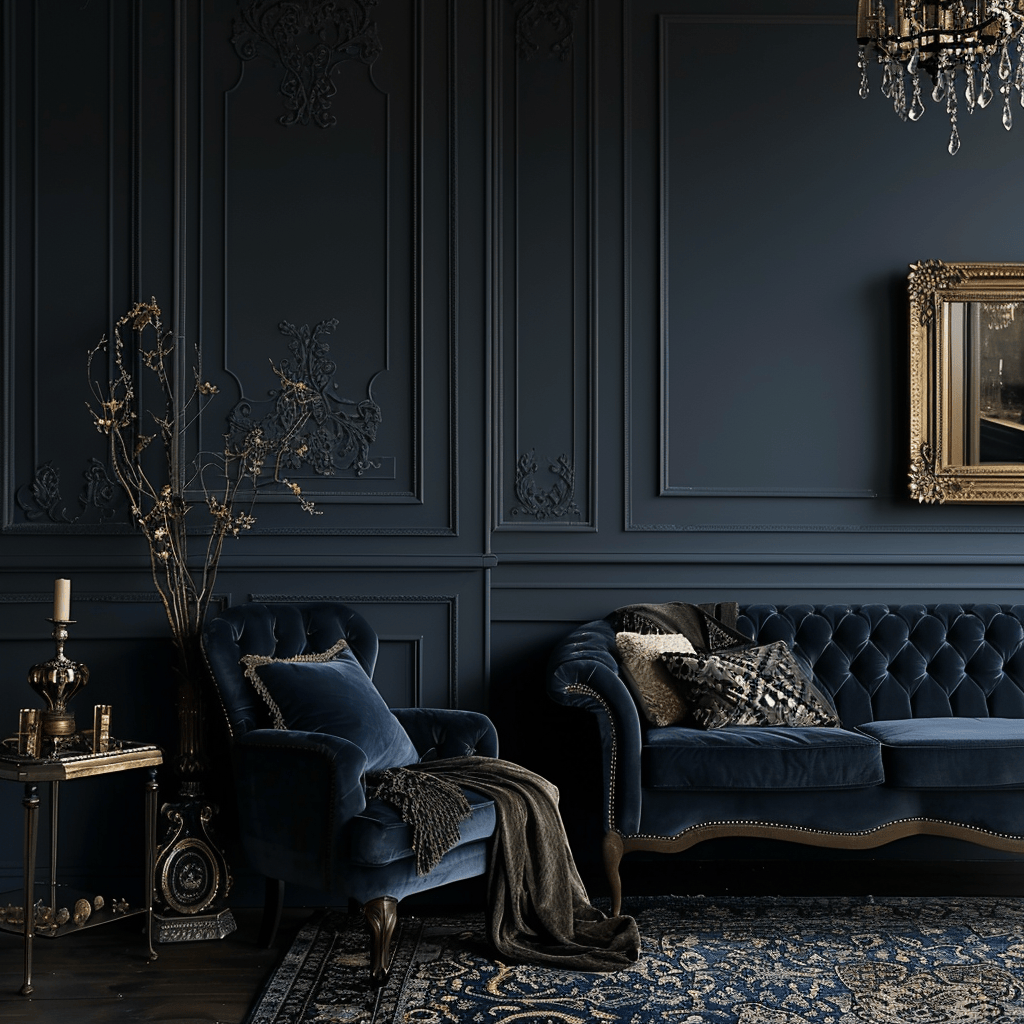 Deep and luxurious navy blue shades dominate this Victorian color palette moodboard, highlighting their versatility in decor