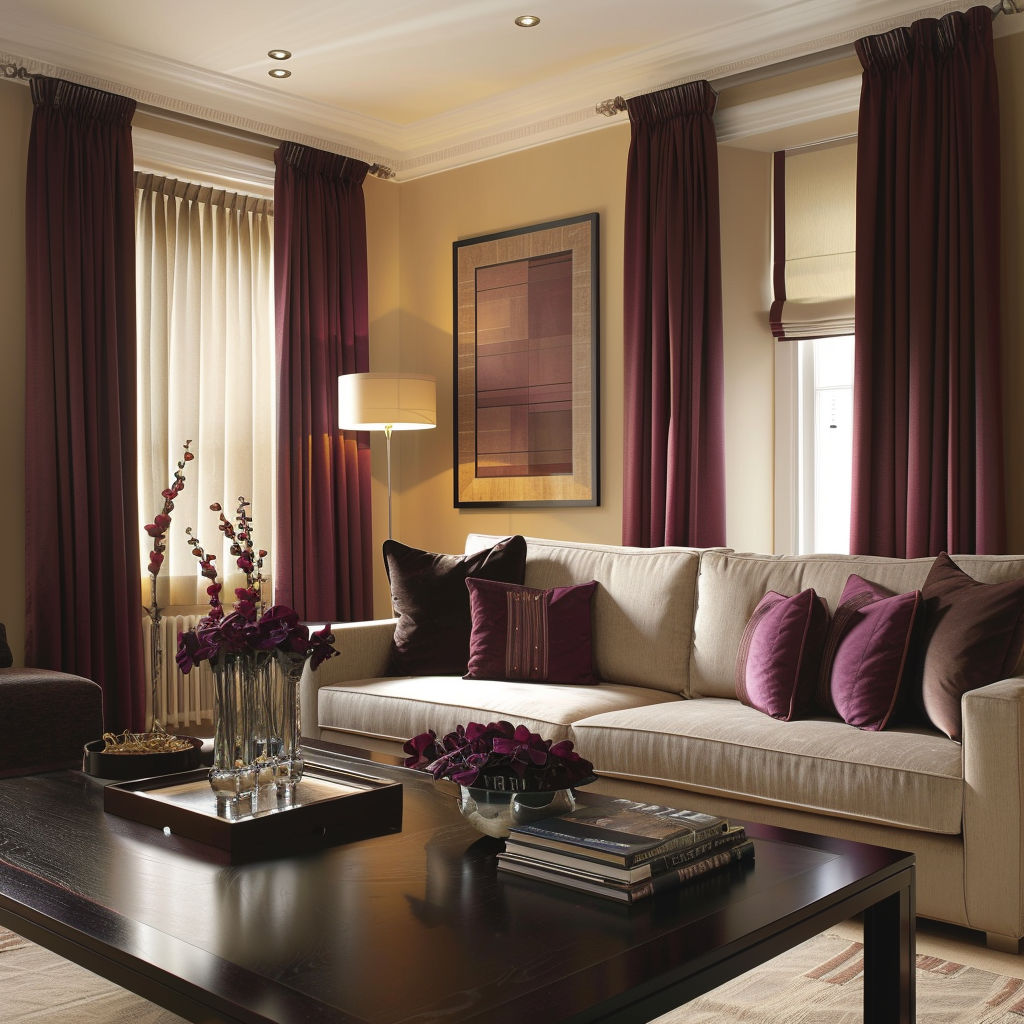 Deep burgundy curtains contrast elegantly against soft beige walls in a sophisticated living room, creating a rich and inviting atmosphere3
