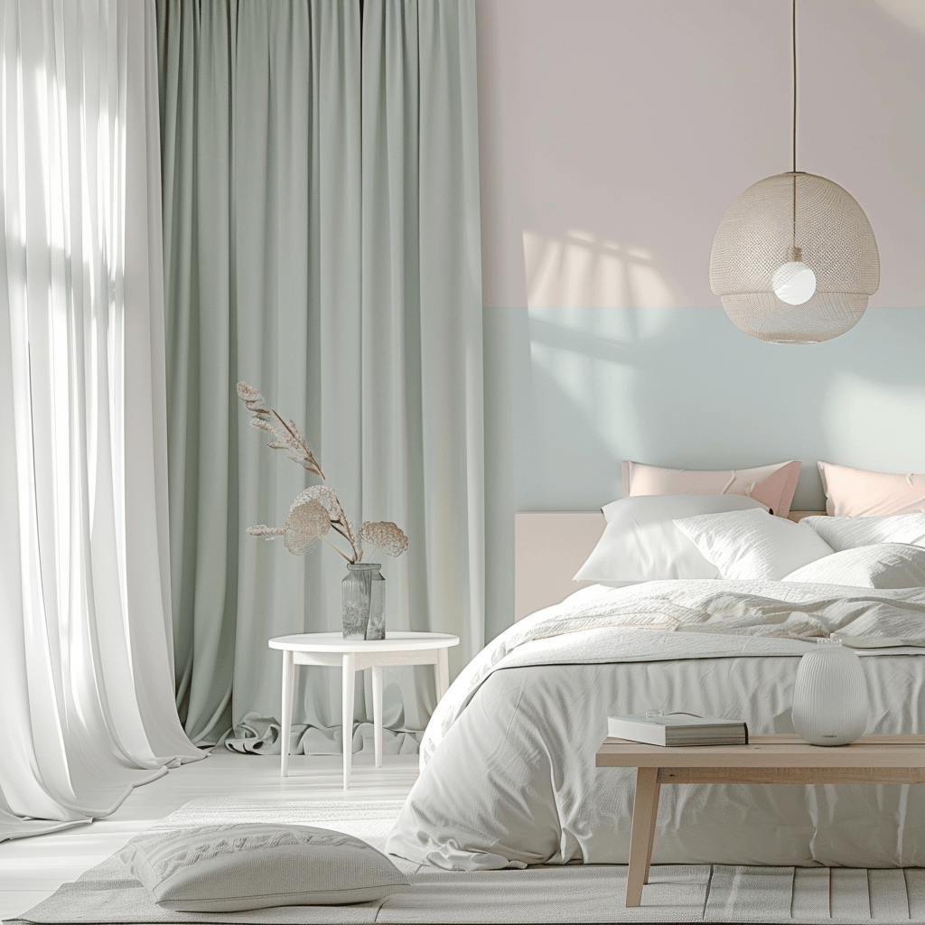 Delicate Scandinavian nursery with pastel walls in pale pink, light blue, and gentle green