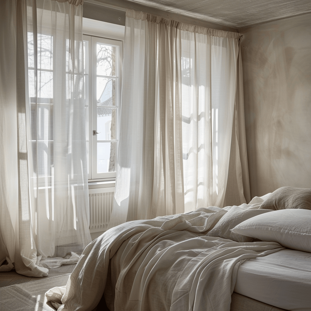 Delicate and airy sheer curtains in a Scandinavian bedroom, creating a sense of privacy while maintaining a bright and open feel