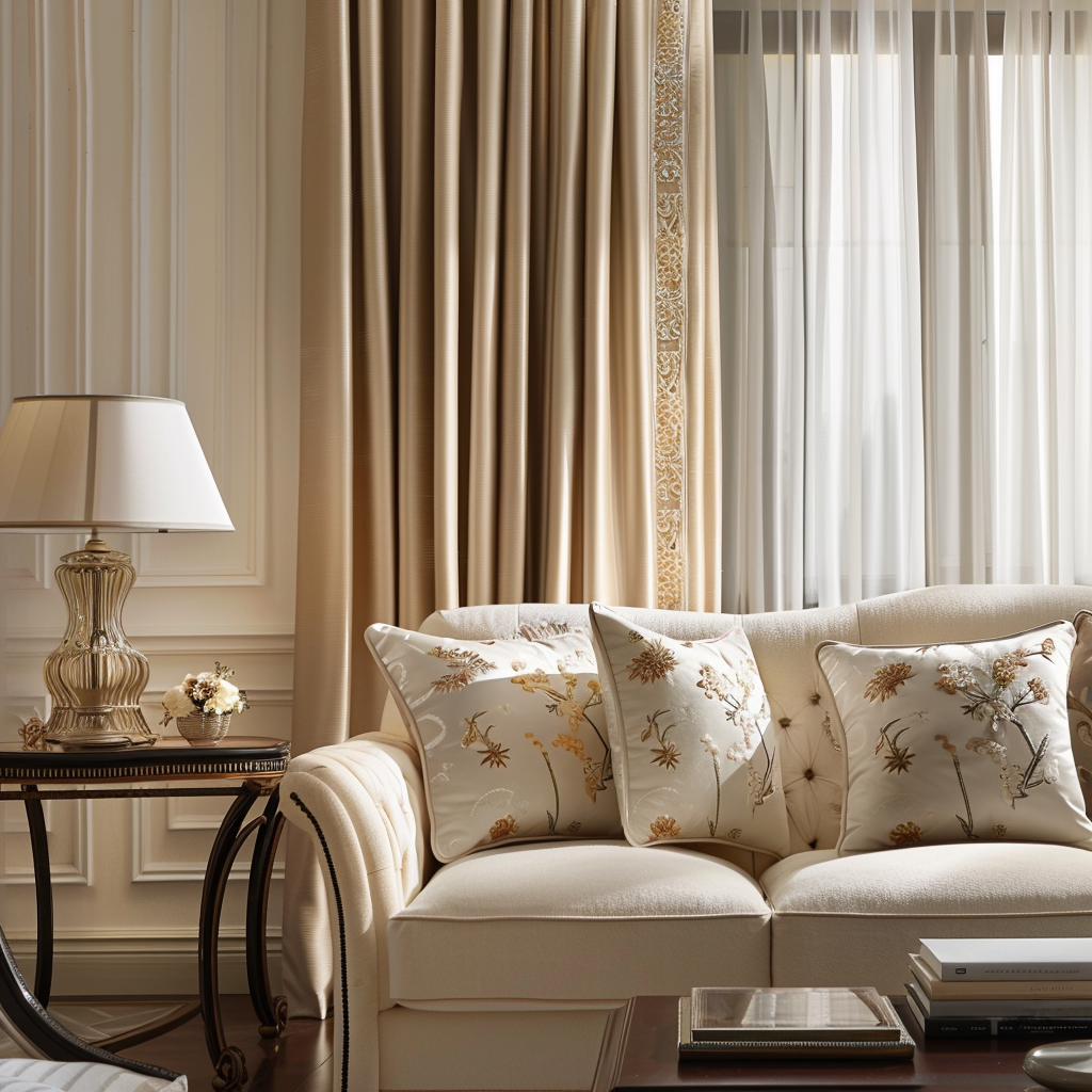 Delicate gold-threaded floral embroidery on curtains adds a touch of sophistication and elegance to a refined living room4