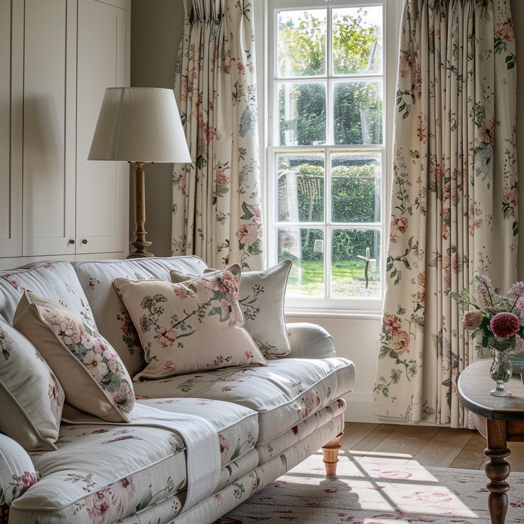 Delicate, vintage-inspired floral print curtains in soft pastel hues bring timeless charm to a cozy living room3