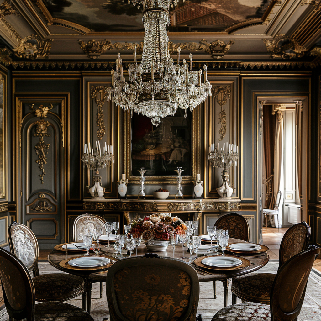 Detail of a crystal chandelier illuminating a chic dining table, surrounded by upholstered chairs, in a luxurious setting