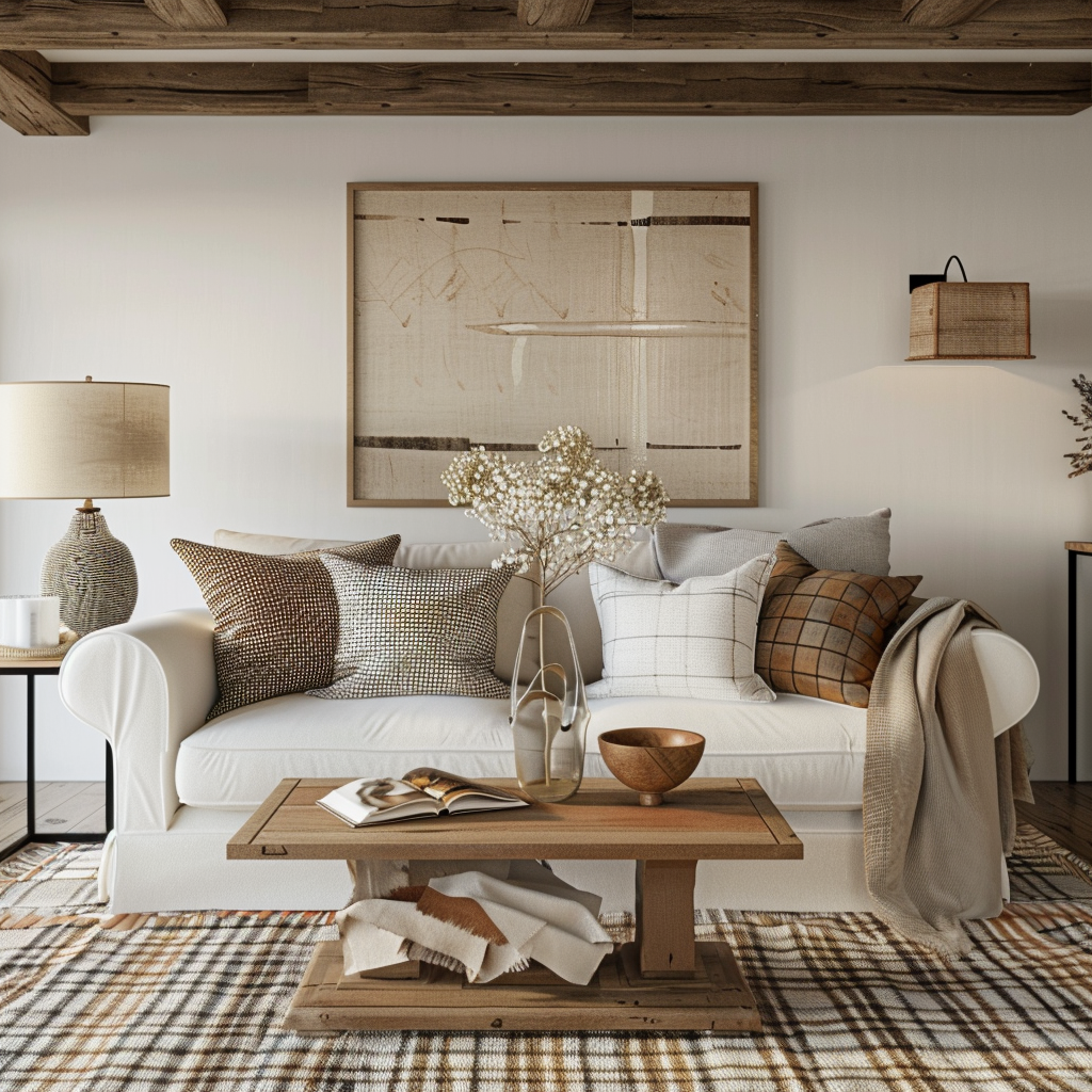 Detail of a farmhouse interior with a well-balanced mix of solid colors and patterns