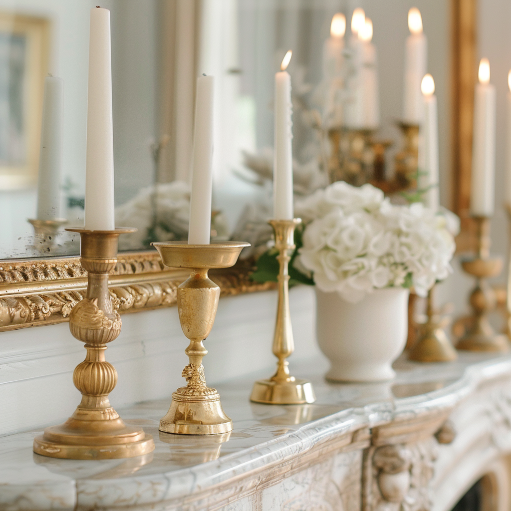 Detail of a mantlepiece featuring gold decorative objects and framed art, creating a focal point in the room
