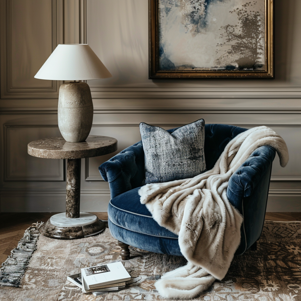 Detail of a textural decor with woven baskets, ceramic vases, and plush cushions, adding depth to the Parisian chic interior