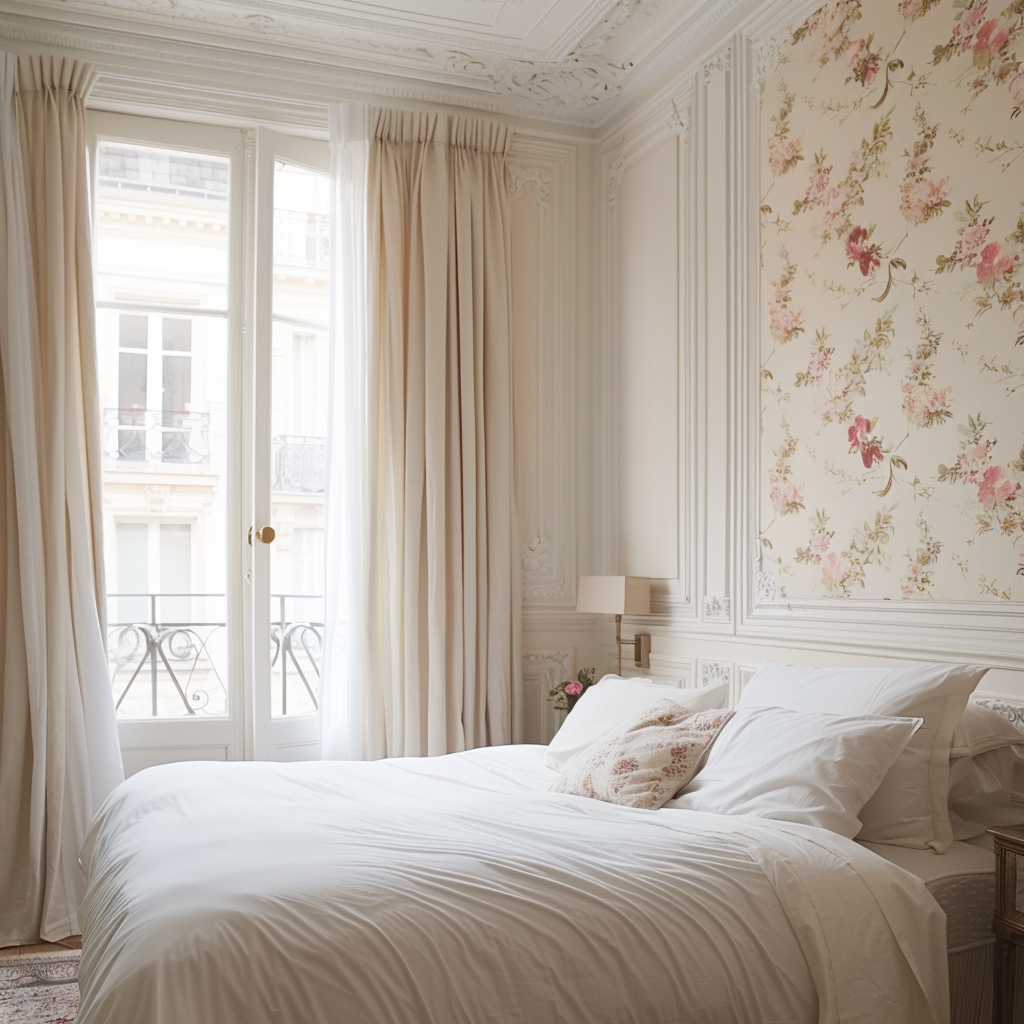 Detail of a wall adorned with intricate floral wallpaper, complementing the room's elegant decor and furnishings