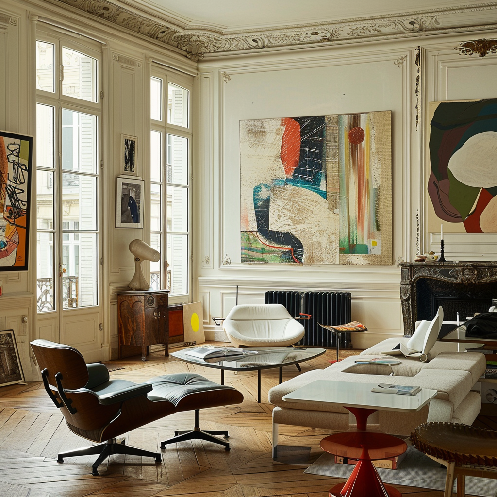 Detail of an art filled shelf in a stylish living space, with an array of small sculptures, vases, and abstract pieces